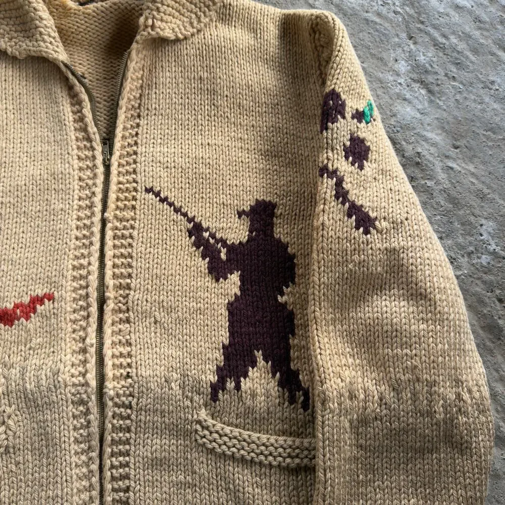 Vtg Pheasant Hunter & Bird Dog Cowichan Sweater Jacket Zip Thrashed Shooting XL